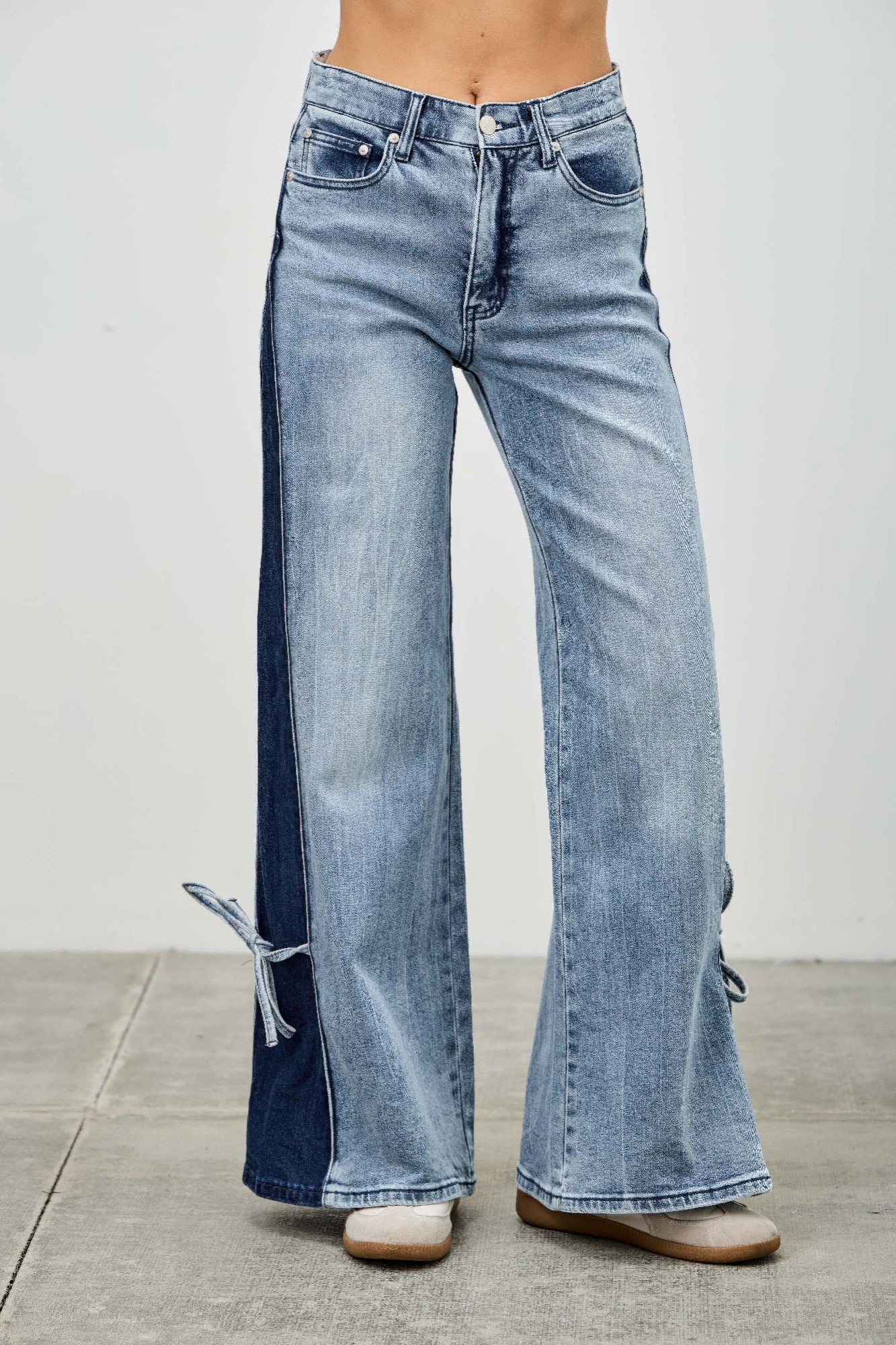 Mid Rise Contrast Wide Leg With Tie - All Season Fashion