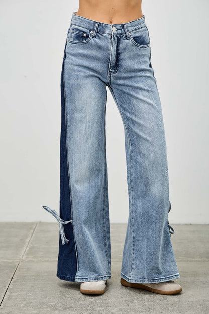 Mid Rise Contrast Wide Leg With Tie - All Season Fashion