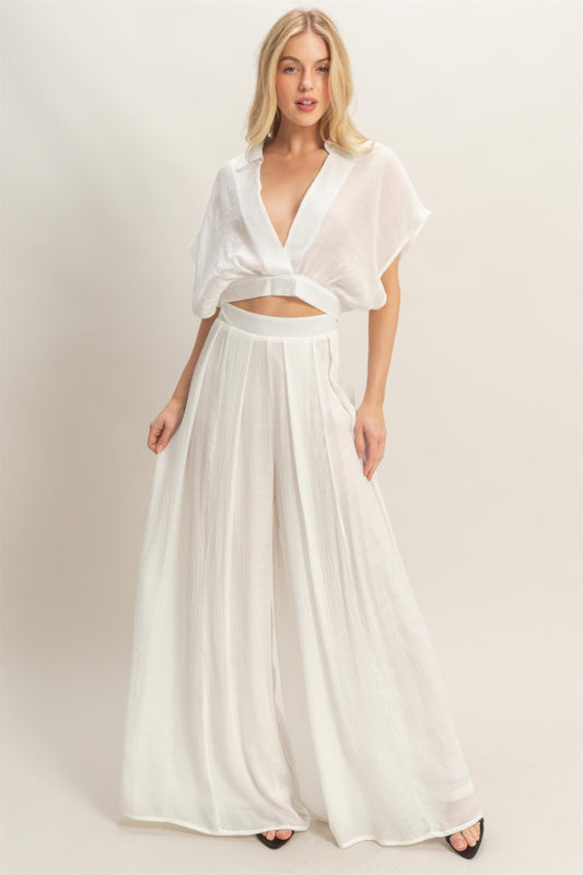 Collared Wrap Top & Wide-leg Pants Set - All Season Fashion