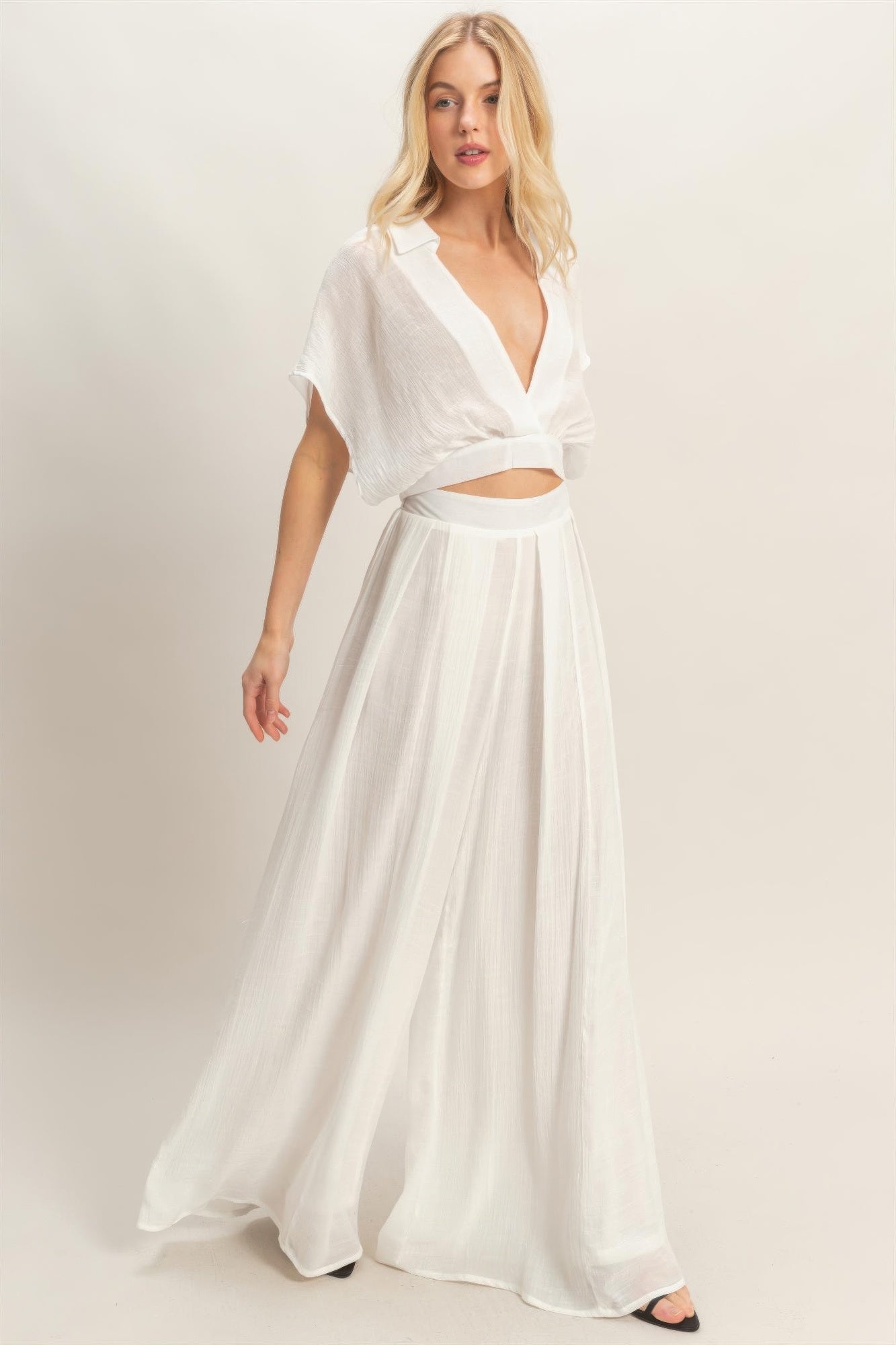 Collared Wrap Top & Wide-leg Pants Set - All Season Fashion