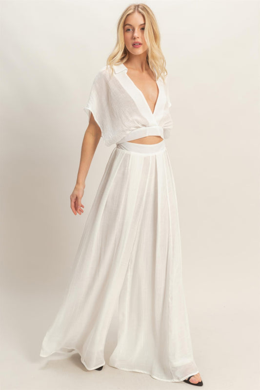 Collared Wrap Top & Wide-leg Pants Set - All Season Fashion