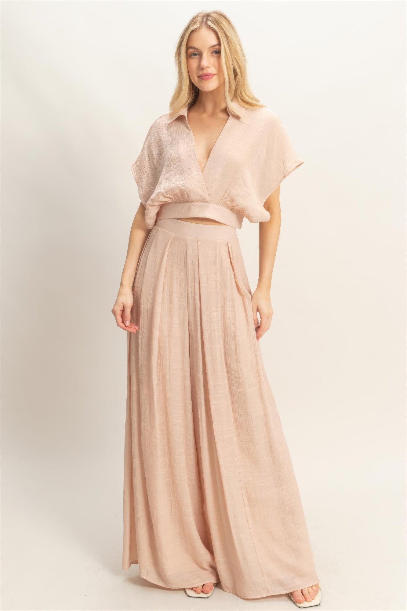 Collared Wrap Top & Wide-leg Pants Set - All Season Fashion