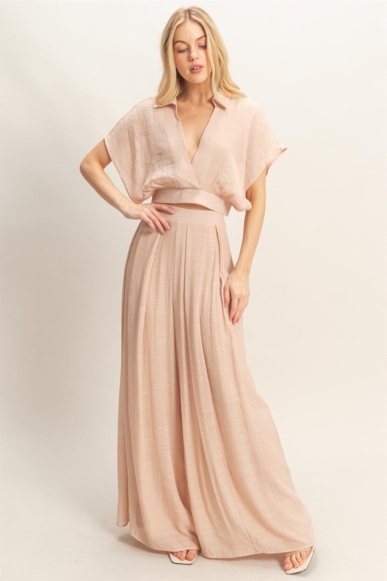 Collared Wrap Top & Wide-leg Pants Set - All Season Fashion