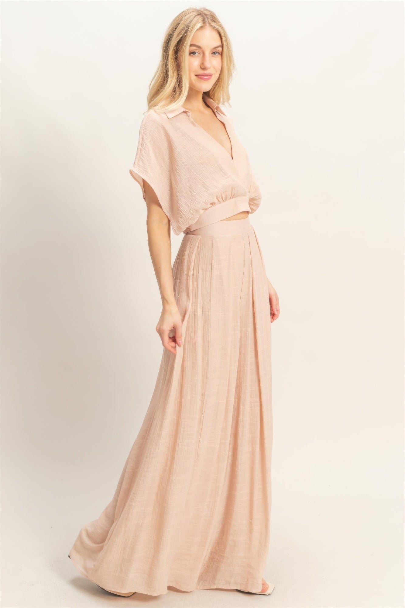 Collared Wrap Top & Wide-leg Pants Set - All Season Fashion