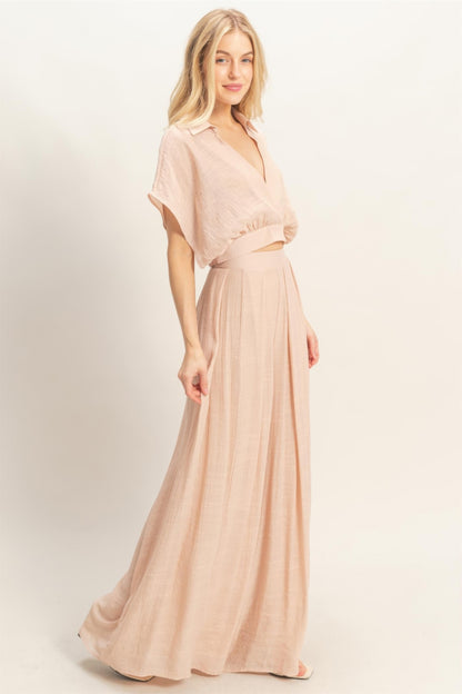Collared Wrap Top & Wide-leg Pants Set - All Season Fashion