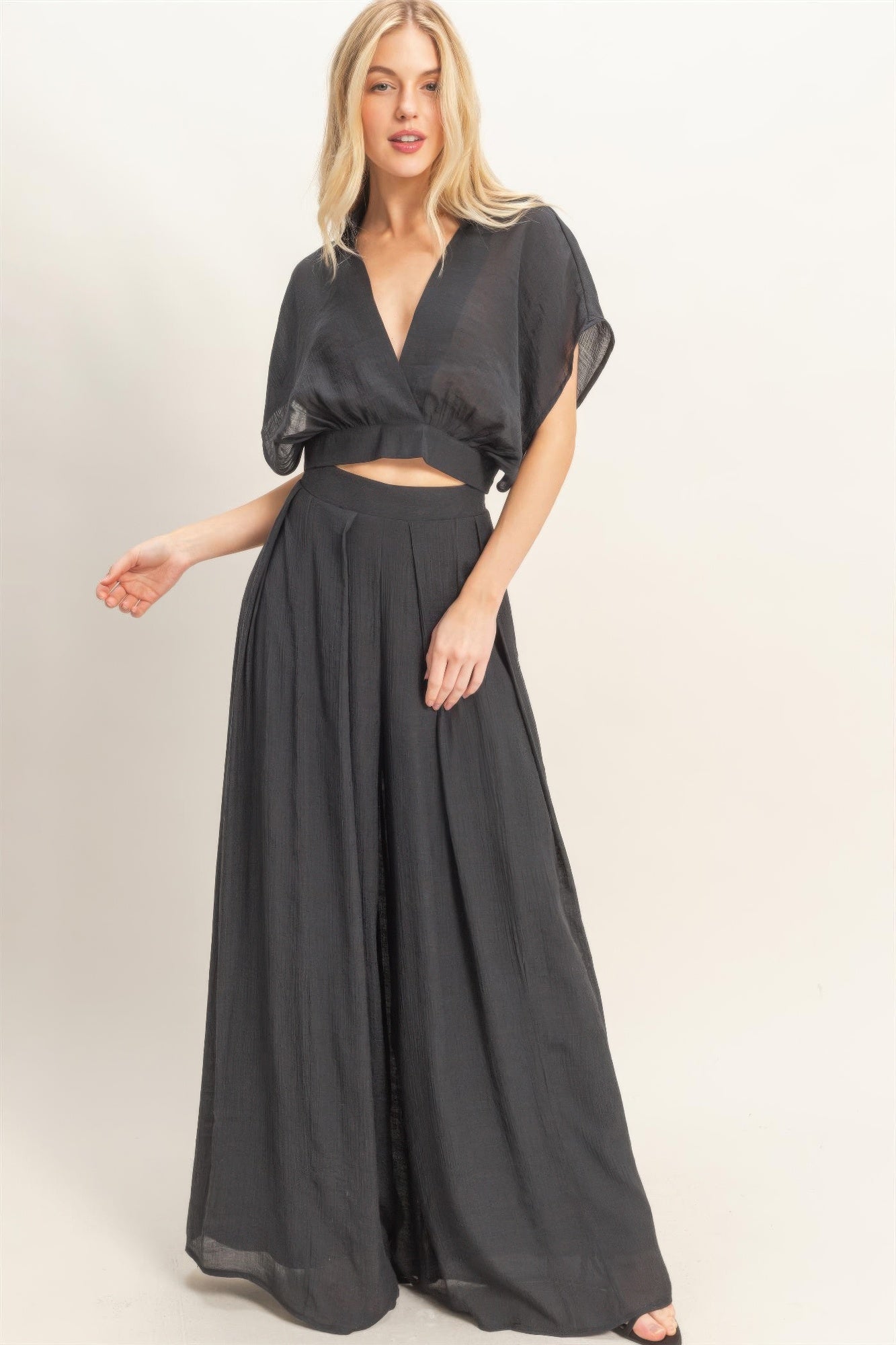 Collared Wrap Top & Wide-leg Pants Set - All Season Fashion