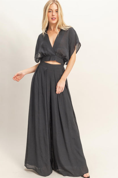 Collared Wrap Top & Wide-leg Pants Set - All Season Fashion