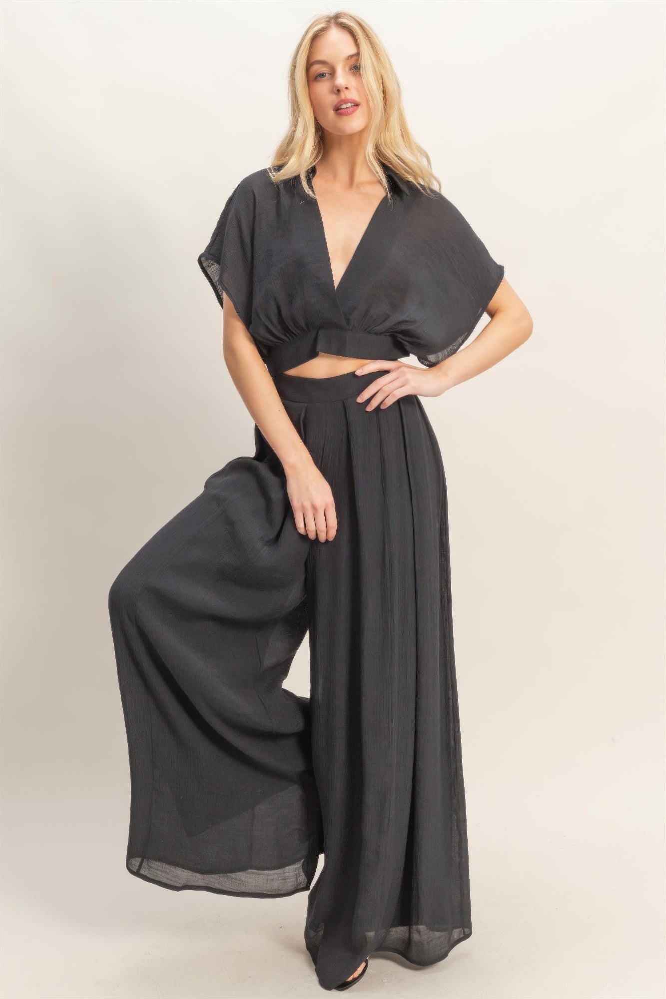 Collared Wrap Top & Wide-leg Pants Set - All Season Fashion