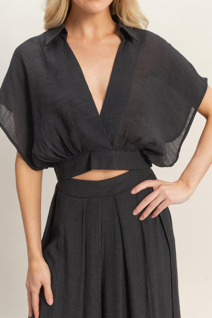 Collared Wrap Top & Wide-leg Pants Set - All Season Fashion