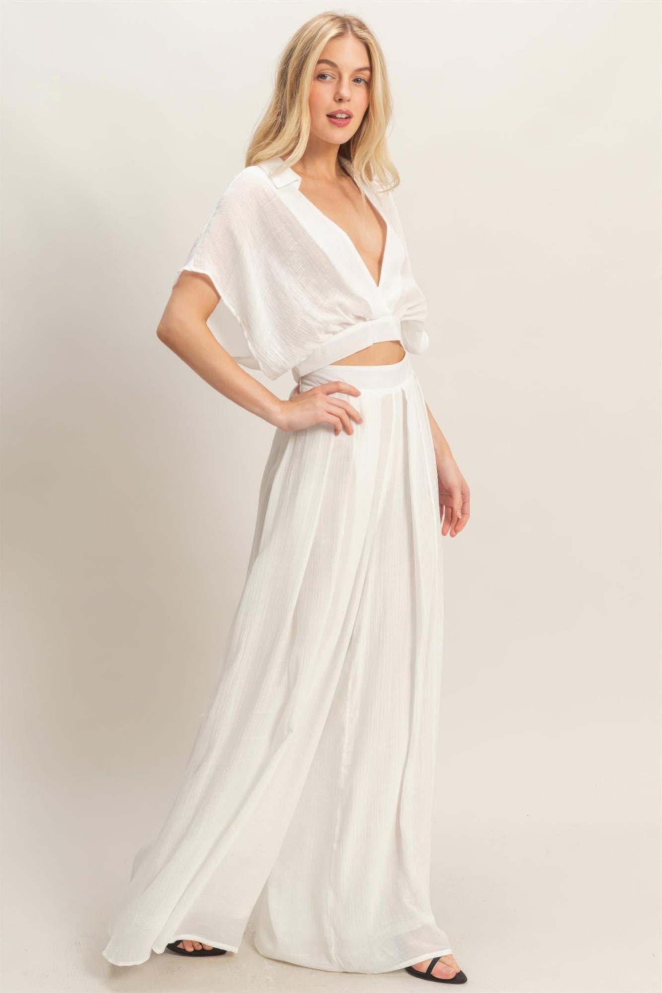 Collared Wrap Top & Wide-leg Pants Set - All Season Fashion
