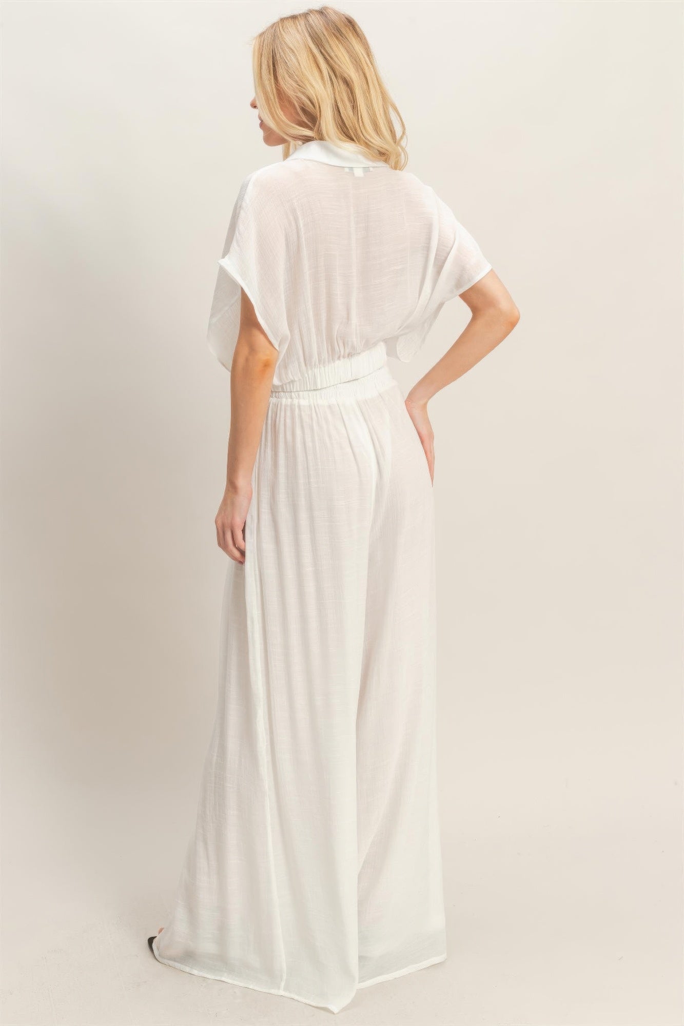 Collared Wrap Top & Wide-leg Pants Set - All Season Fashion