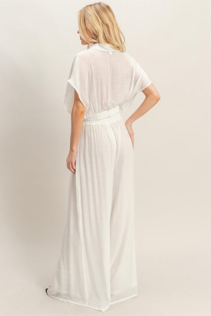 Collared Wrap Top & Wide-leg Pants Set - All Season Fashion