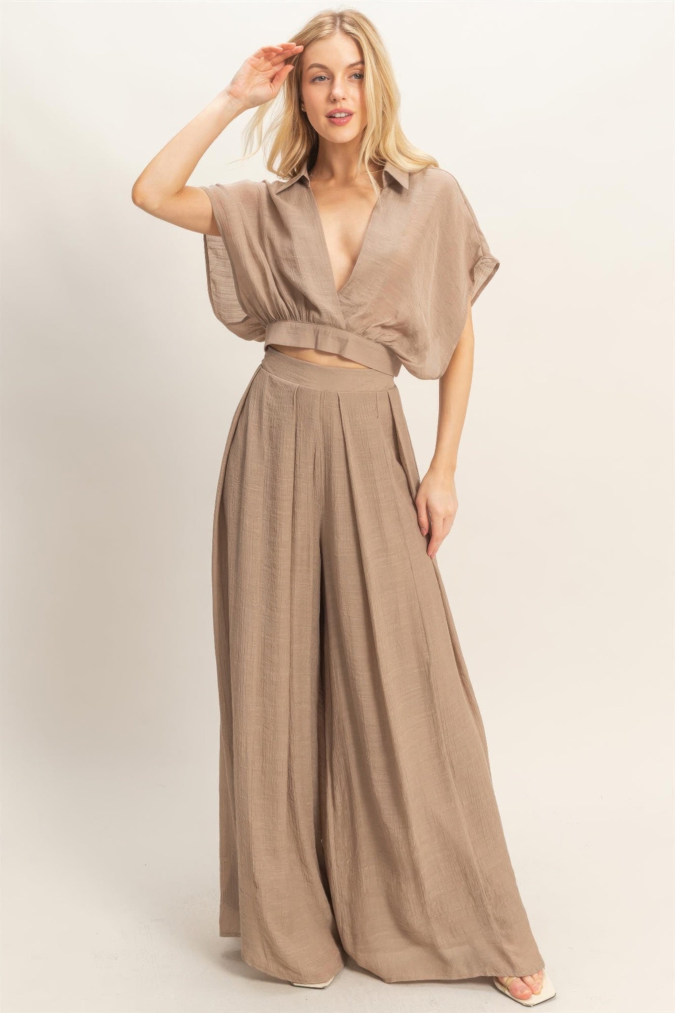 Collared Wrap Top & Wide-leg Pants Set - All Season Fashion