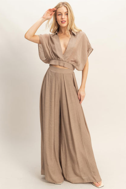 Collared Wrap Top & Wide-leg Pants Set - All Season Fashion