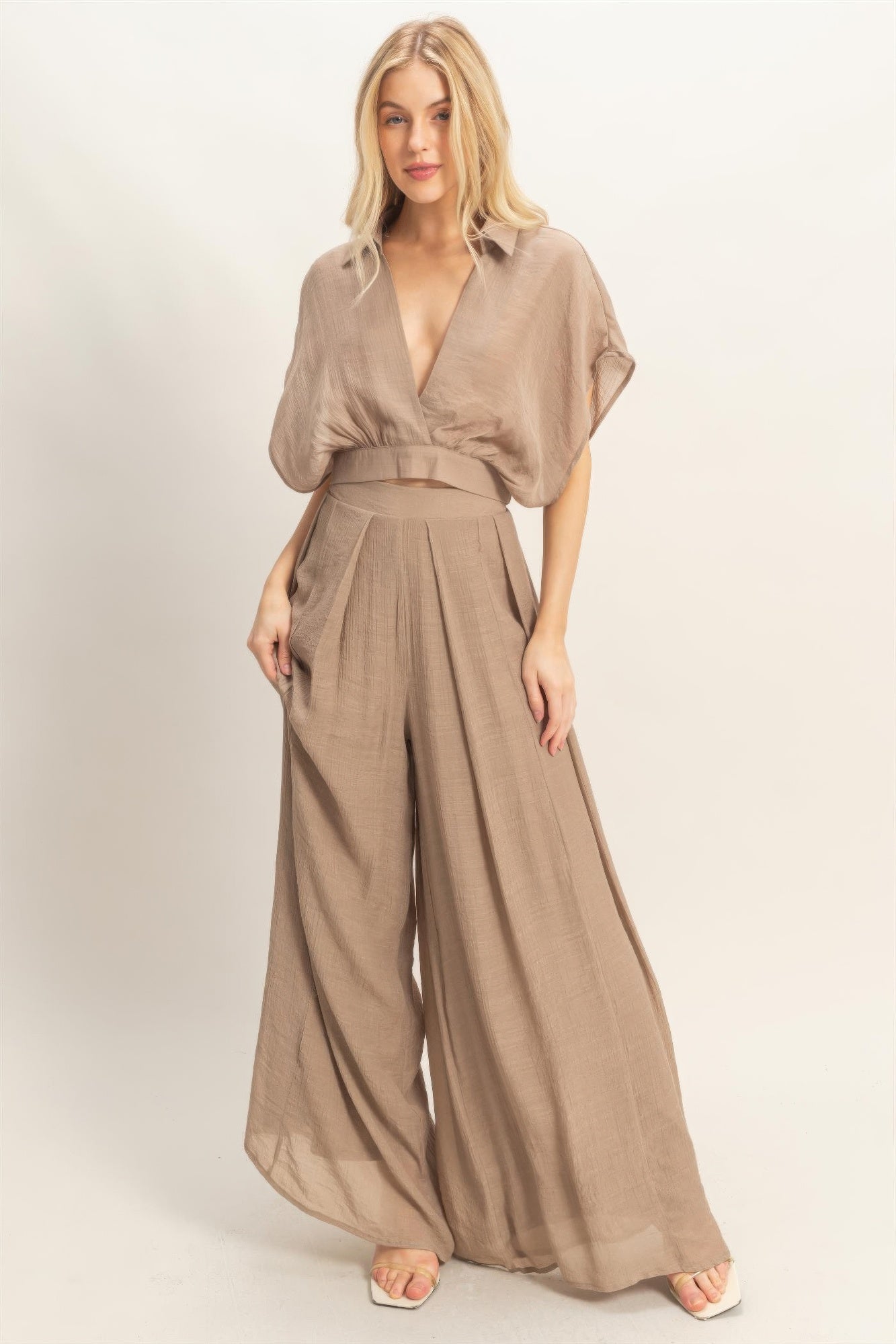 Collared Wrap Top & Wide-leg Pants Set - All Season Fashion