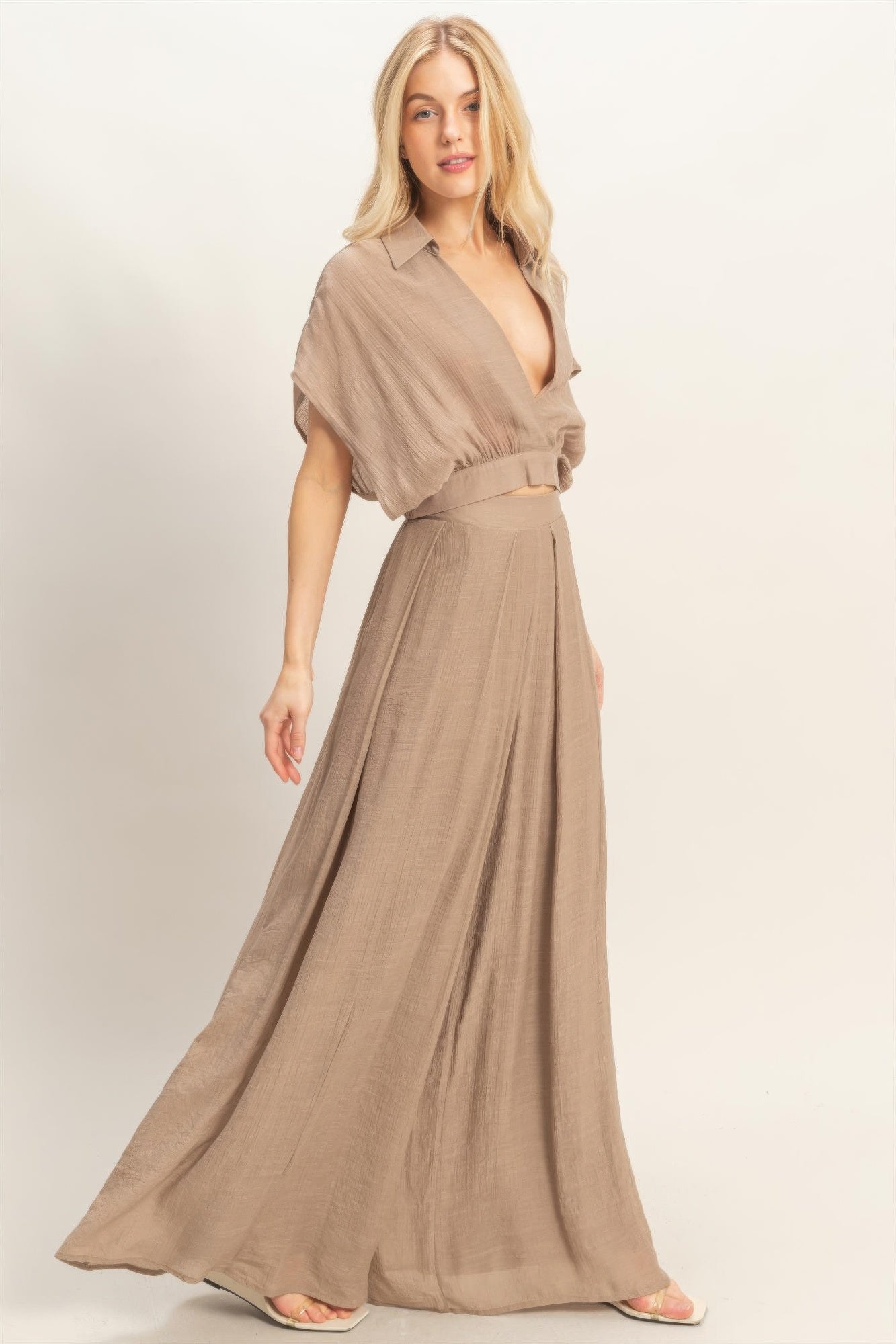 Collared Wrap Top & Wide-leg Pants Set - All Season Fashion