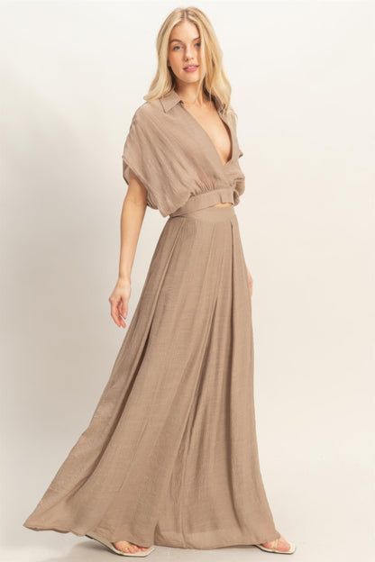 Collared Wrap Top & Wide-leg Pants Set - All Season Fashion