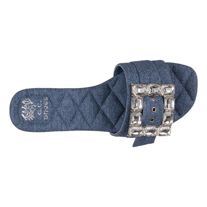Women's Bianca Denim Rhinestone Buckle Flat Sandals