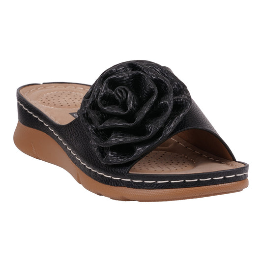 Women's Honey Black Flat Comfort Sandals