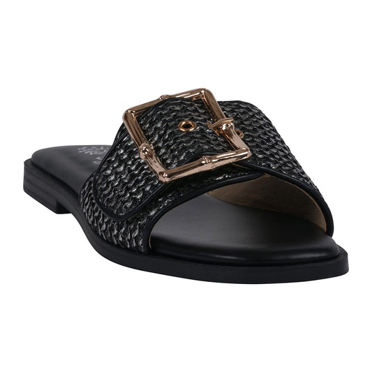 Women's Indie Black Woven Buckle Flat Sandals