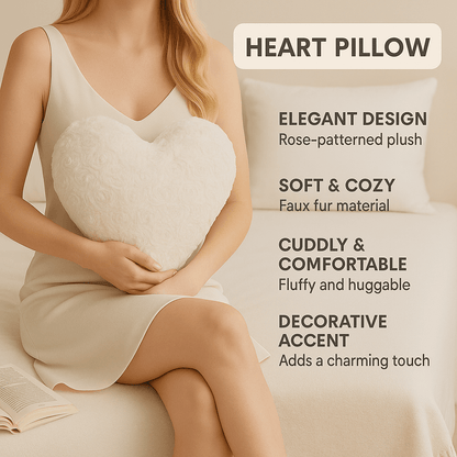 DaDa Bedding White Luxury Roses Romantic Plush Stuffed Heart Throw Pillow - 16” x 14”