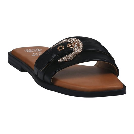 Women's Kenna Black Embellished Buckle Flat Sandals