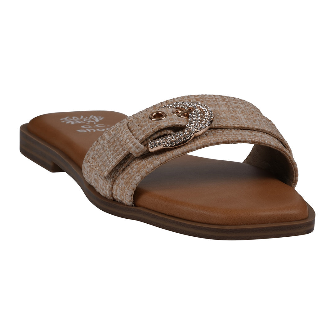 Women's Kenna Tan Embellished Buckle Flat Sandals