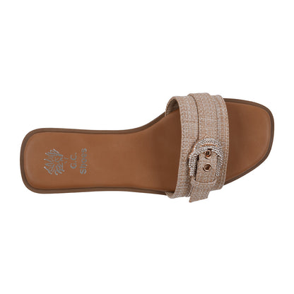 Women's Kenna Tan Embellished Buckle Flat Sandals