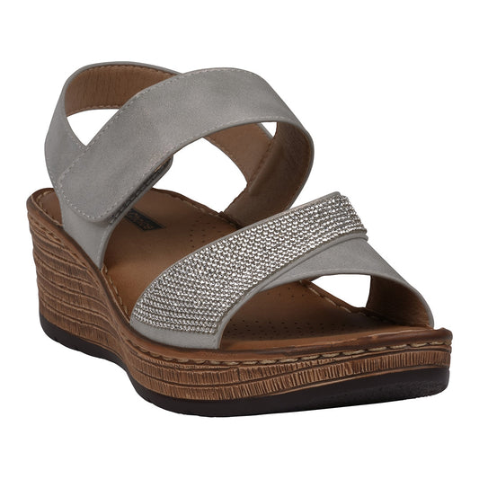 Women's Lux Grey Embellished Velcro Wedge Sandals