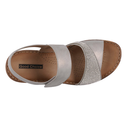 Women's Lux Grey Embellished Velcro Wedge Sandals