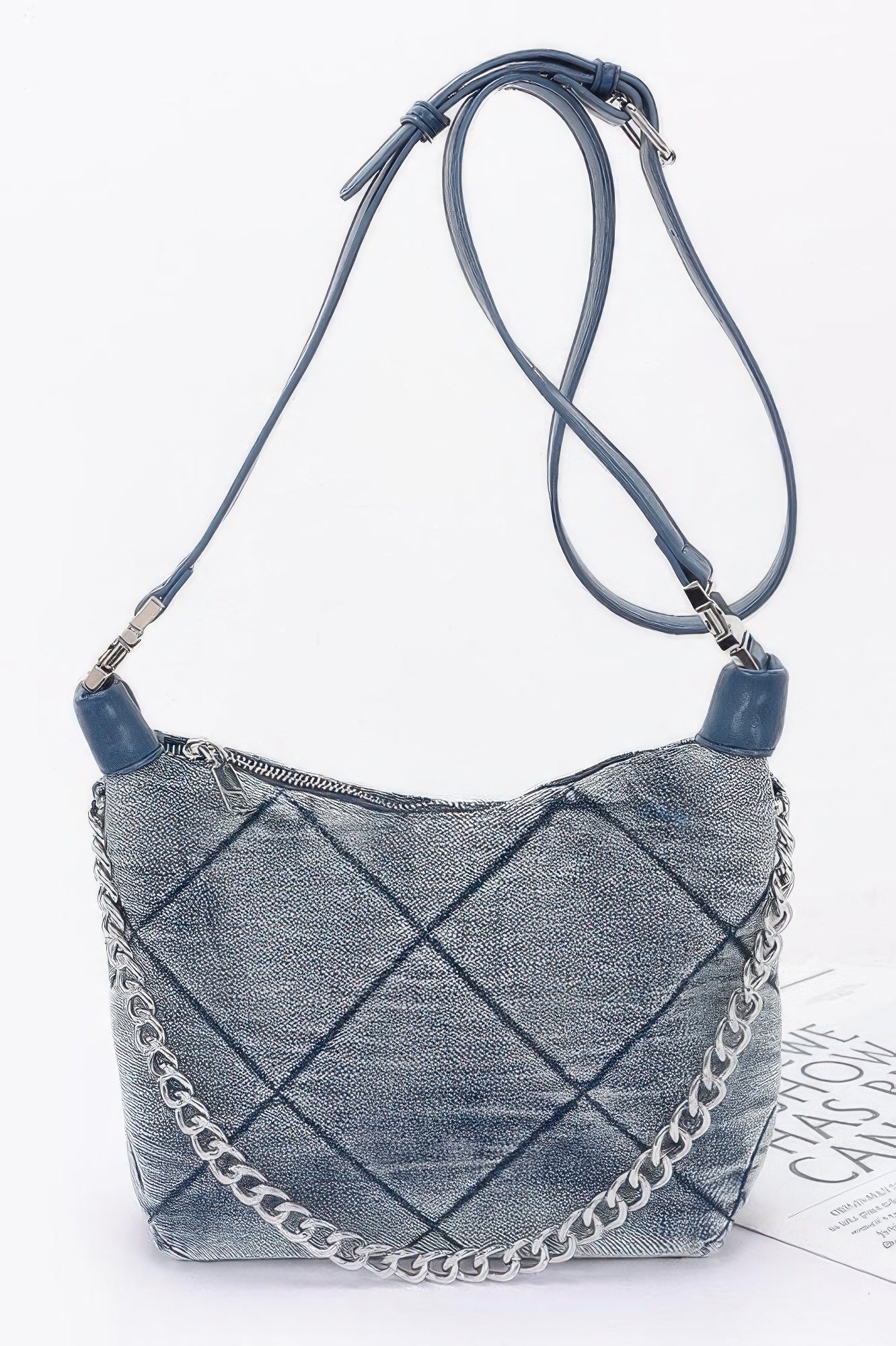 Quilted Washed Denim Shoulder Chain Crossbody Bag - All Season Fashion