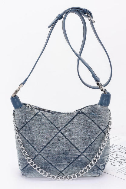 Quilted Washed Denim Shoulder Chain Crossbody Bag - All Season Fashion