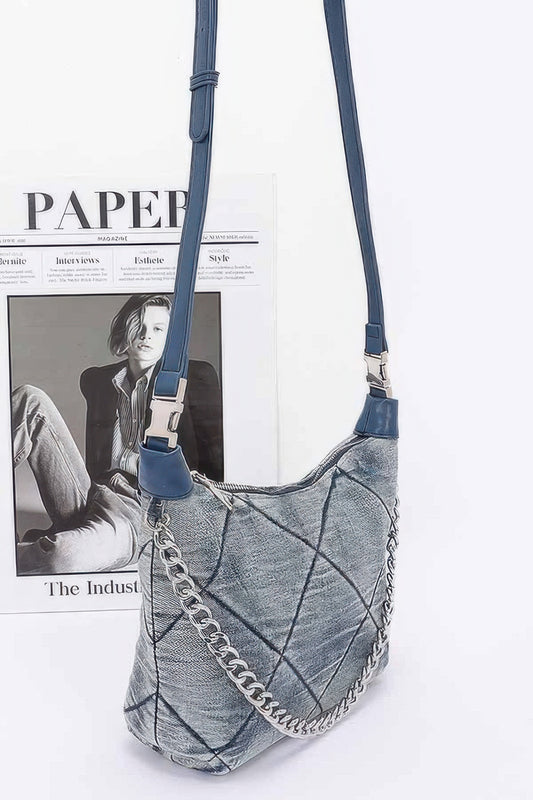 Quilted Washed Denim Shoulder Chain Crossbody Bag - All Season Fashion