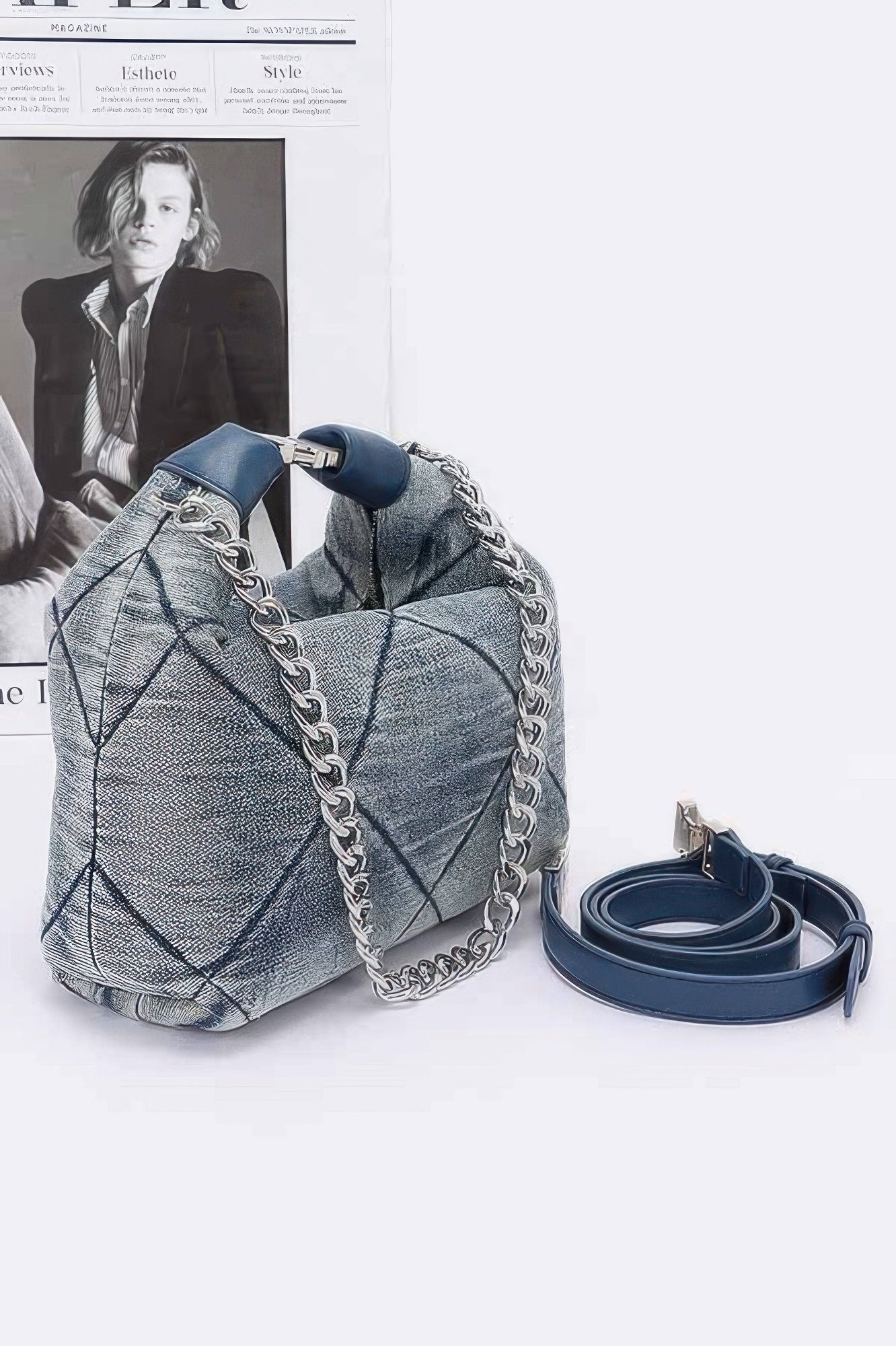 Quilted Washed Denim Shoulder Chain Crossbody Bag - All Season Fashion