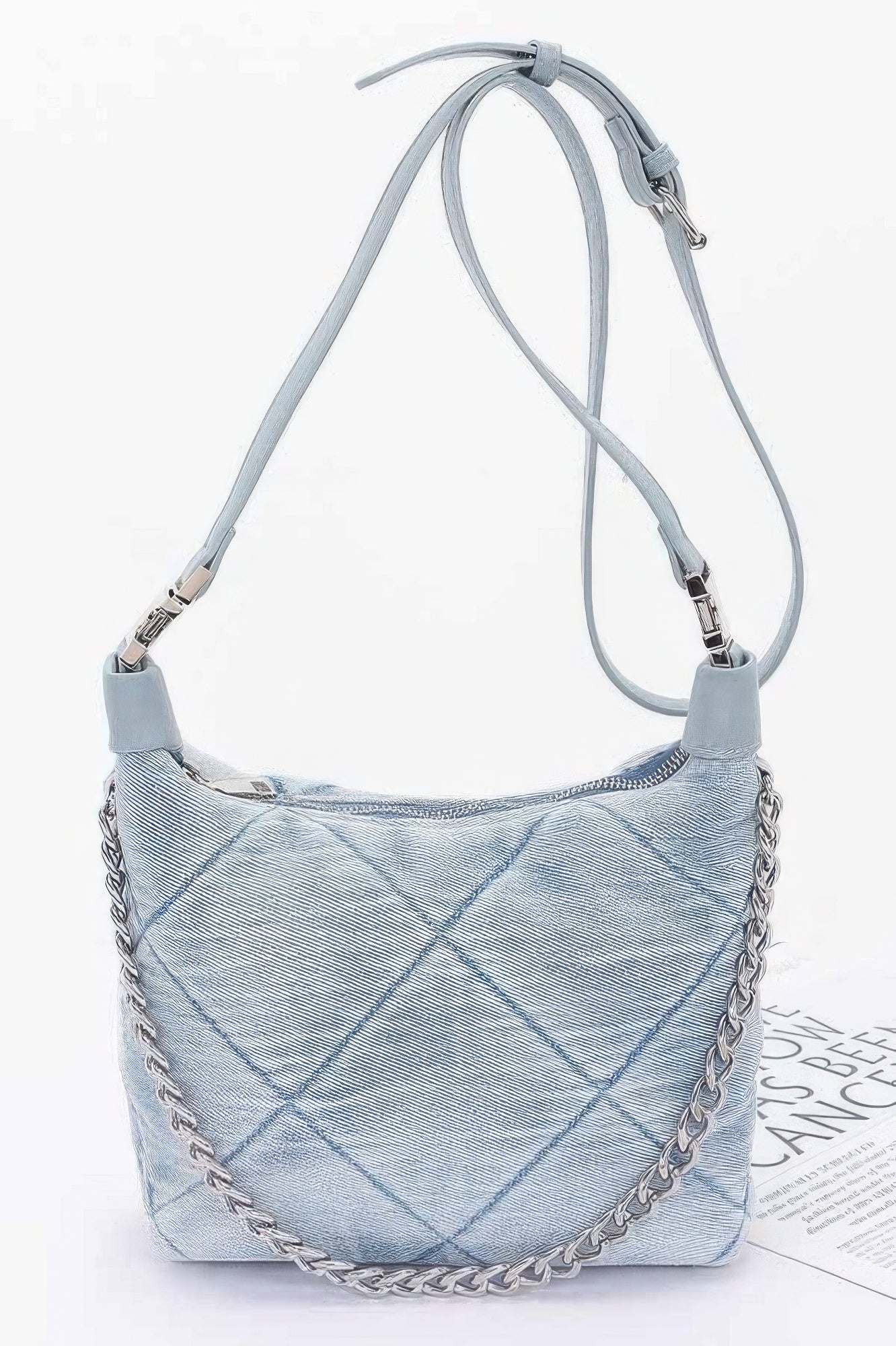 Quilted Washed Denim Shoulder Chain Crossbody Bag - All Season Fashion