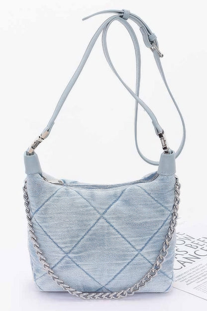 Quilted Washed Denim Shoulder Chain Crossbody Bag - All Season Fashion