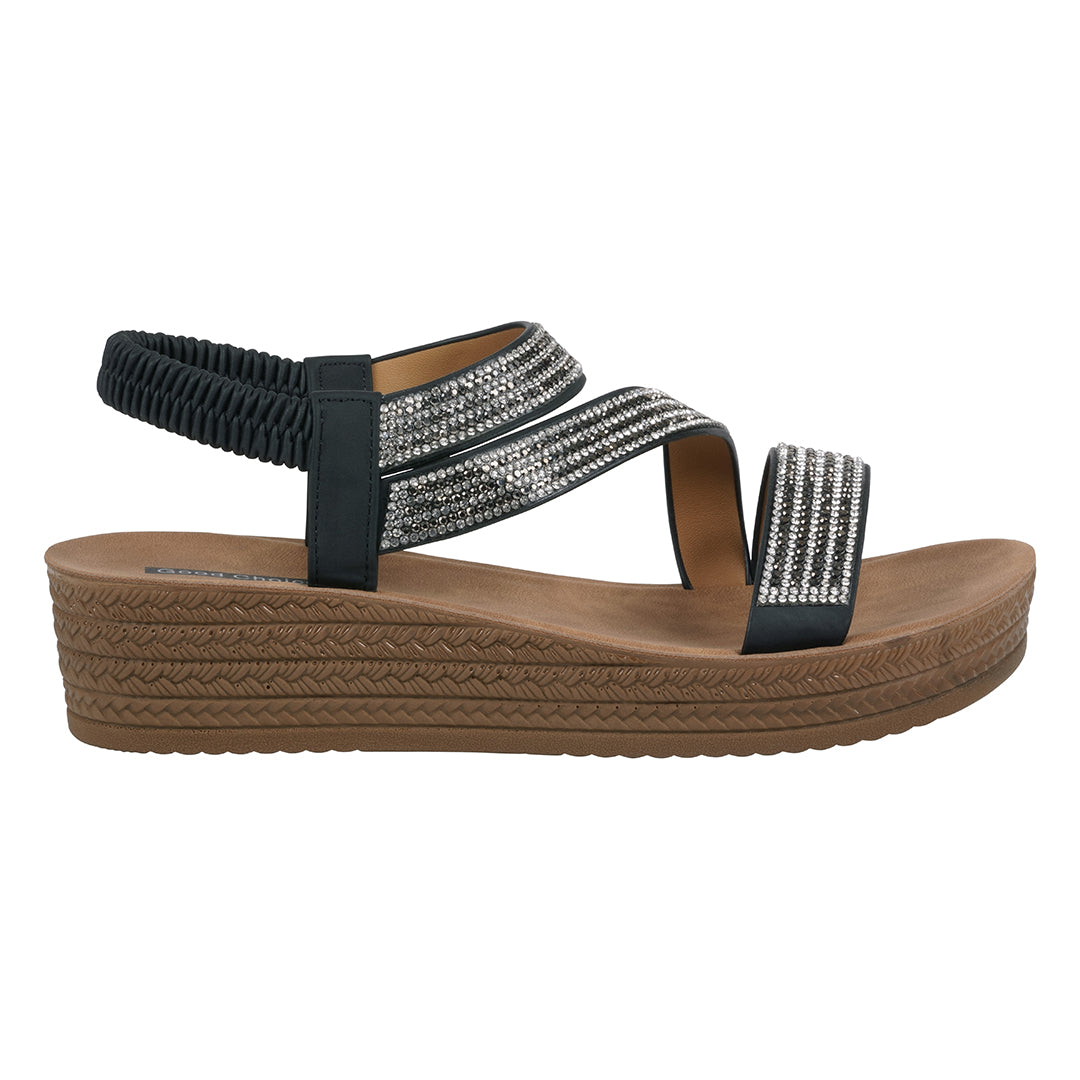 Women's Ruby Black Embellished Cross Strap Wedge Sandals