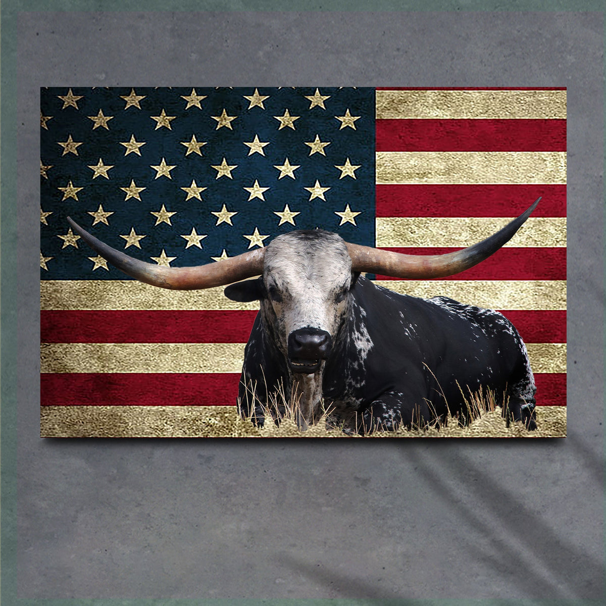 Longhorn Cattle American Flag Canvas Wall Art