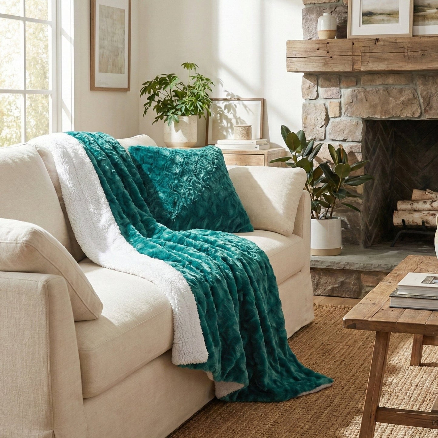DaDa Bedding Jewel Tones Emerald Green Blue Luxury Faux Fur Throw Pillow Cover (171805)