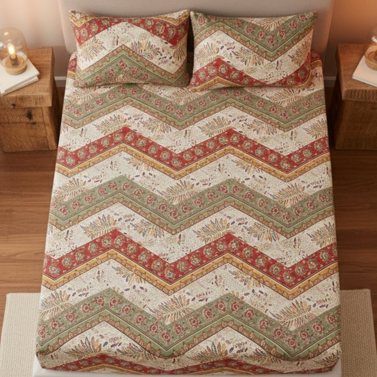 DaDa Bedding Botanical Cranberry Sage Chevron Floral Fitted Bed Sheet w/ Pillow Cases (JHW-924-Fitted)