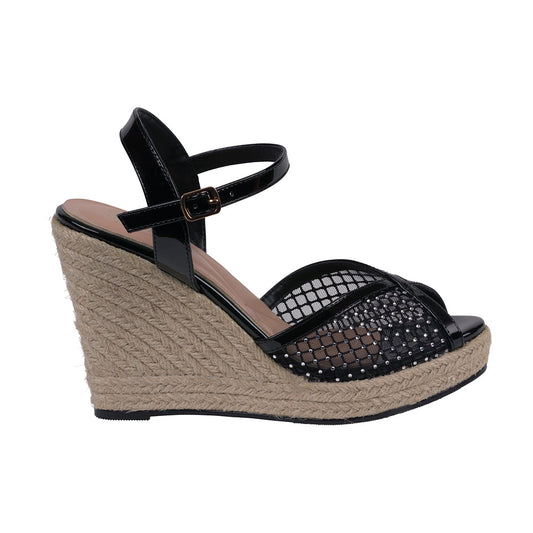 Women's Mila Black Embellished Mesh Espadrille Wedge Sandals