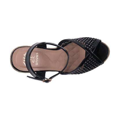 Women's Mila Black Embellished Mesh Espadrille Wedge Sandals