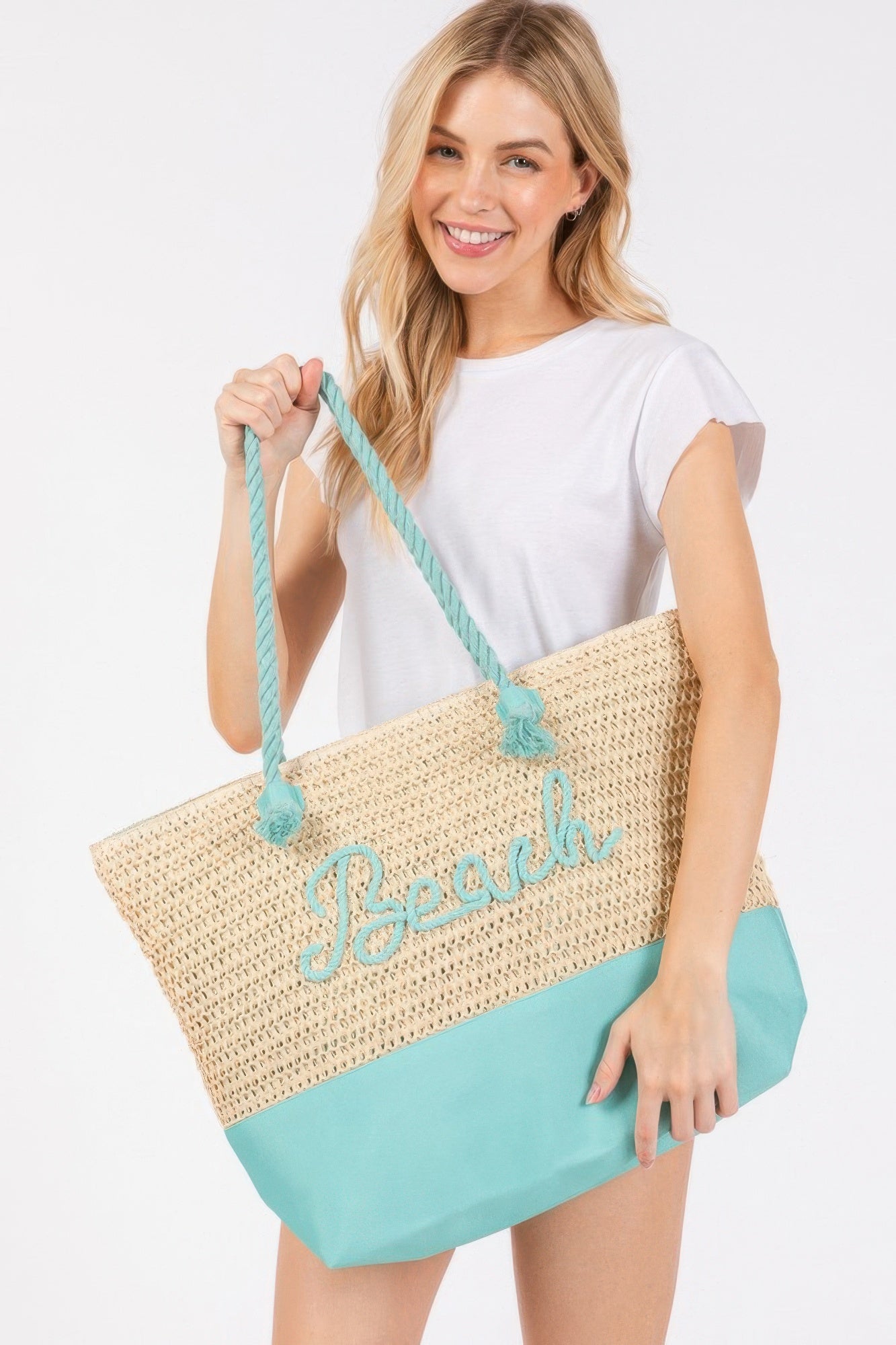 Color Sewn Rope Beach Letter And Strap Crochet Fabric Tote - All Season Fashion