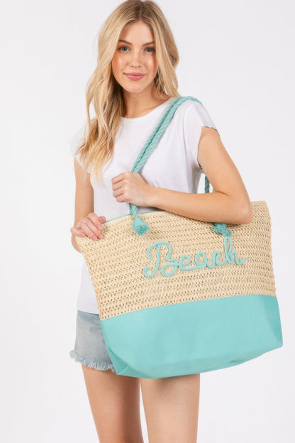Color Sewn Rope Beach Letter And Strap Crochet Fabric Tote - All Season Fashion