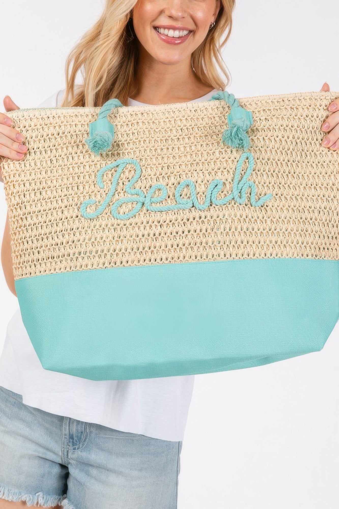 Color Sewn Rope Beach Letter And Strap Crochet Fabric Tote - All Season Fashion