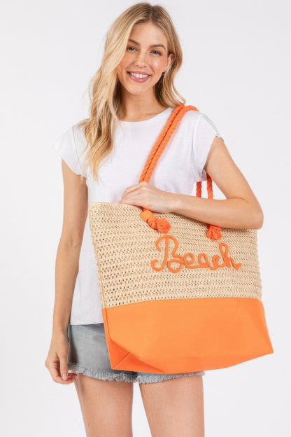 Color Sewn Rope Beach Letter And Strap Crochet Fabric Tote - All Season Fashion