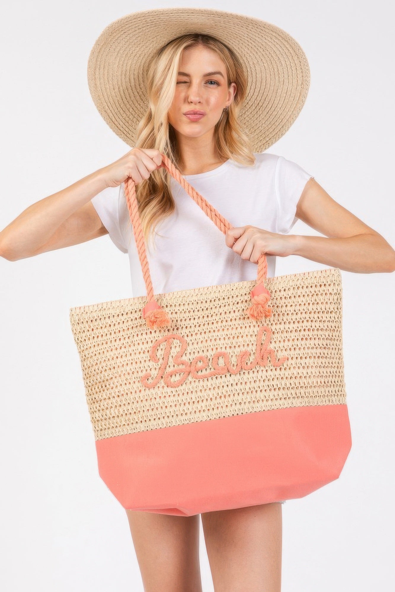 Color Sewn Rope Beach Letter And Strap Crochet Fabric Tote - All Season Fashion