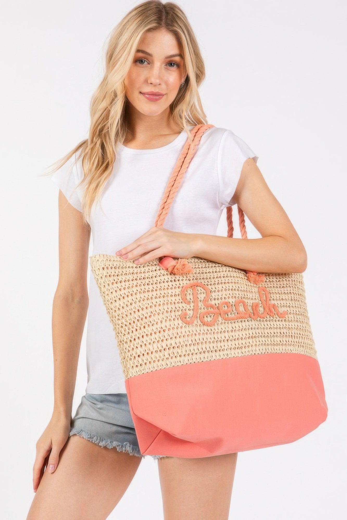 Color Sewn Rope Beach Letter And Strap Crochet Fabric Tote - All Season Fashion