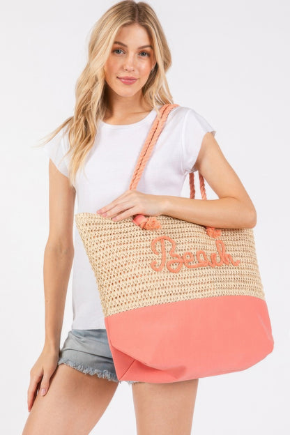 Color Sewn Rope Beach Letter And Strap Crochet Fabric Tote - All Season Fashion