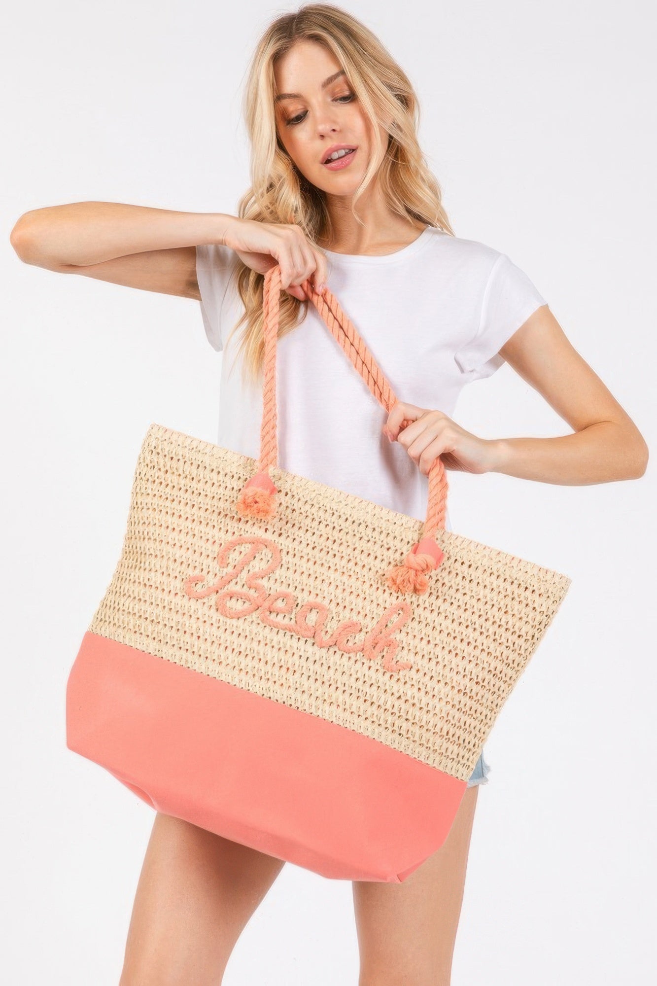 Color Sewn Rope Beach Letter And Strap Crochet Fabric Tote - All Season Fashion